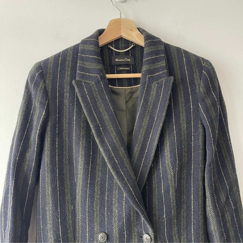 Massimo Dutti Striped Double-Breasted Blazer wool navy green office waist tie 6 - Picture 4 of 11